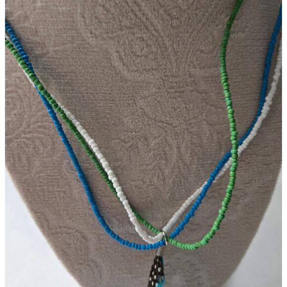 Boho Three Stranded Beaded Necklace with Feather Charm - Picture 5 of 7